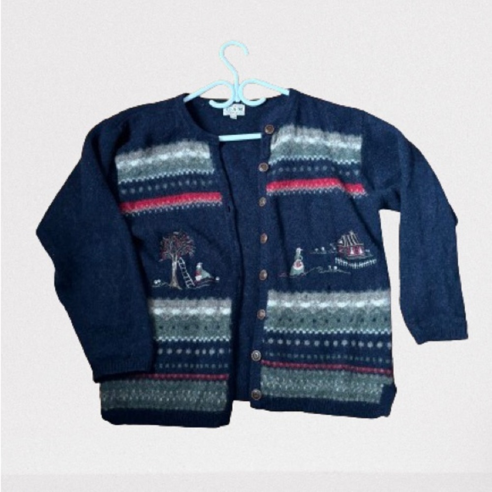 Thrifted vintage navy blue cardigan with embroidered cute farm living scene